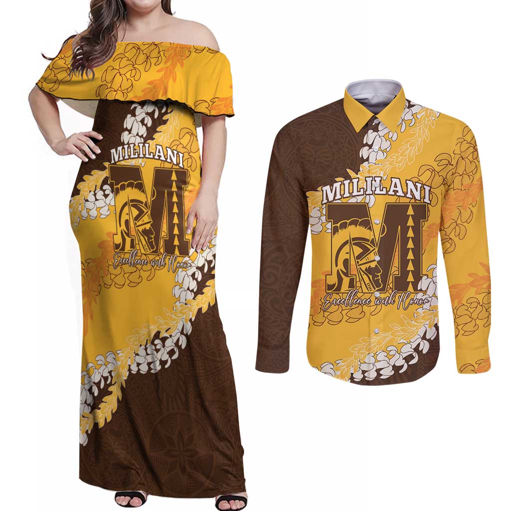 Personalized Mililani Hawaii High School Couples Matching Off Shoulder Maxi Dress and Long Sleeve Button Shirt Puakenikeni Lei Hawaiian Pattern LT14 Yellow - Polynesian Pride