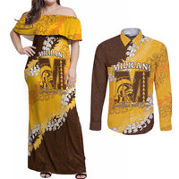 Personalized Mililani Hawaii High School Couples Matching Off Shoulder Maxi Dress and Long Sleeve Button Shirt Puakenikeni Lei Hawaiian Pattern LT14 Yellow - Polynesian Pride