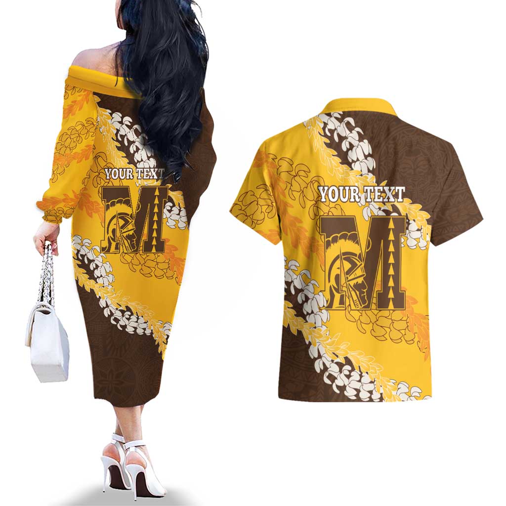 Personalized Mililani Hawaii High School Couples Matching Off The Shoulder Long Sleeve Dress and Hawaiian Shirt Puakenikeni Lei Hawaiian Pattern - Polynesian Pride
