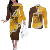 Personalized Mililani Hawaii High School Couples Matching Off The Shoulder Long Sleeve Dress and Long Sleeve Button Shirt Puakenikeni Lei Hawaiian Pattern LT14 Yellow - Polynesian Pride
