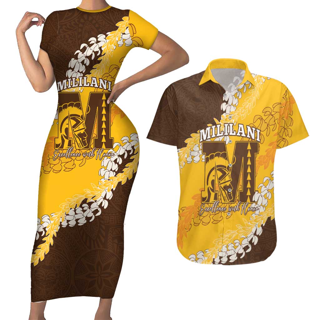 Personalized Mililani Hawaii High School Couples Matching Short Sleeve Bodycon Dress and Hawaiian Shirt Puakenikeni Lei Hawaiian Pattern LT14 Yellow - Polynesian Pride
