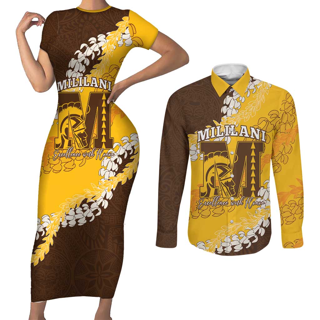 Personalized Mililani Hawaii High School Couples Matching Short Sleeve Bodycon Dress and Long Sleeve Button Shirt Puakenikeni Lei Hawaiian Pattern LT14 Yellow - Polynesian Pride