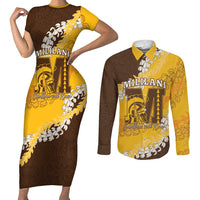 Personalized Mililani Hawaii High School Couples Matching Short Sleeve Bodycon Dress and Long Sleeve Button Shirt Puakenikeni Lei Hawaiian Pattern LT14 Yellow - Polynesian Pride