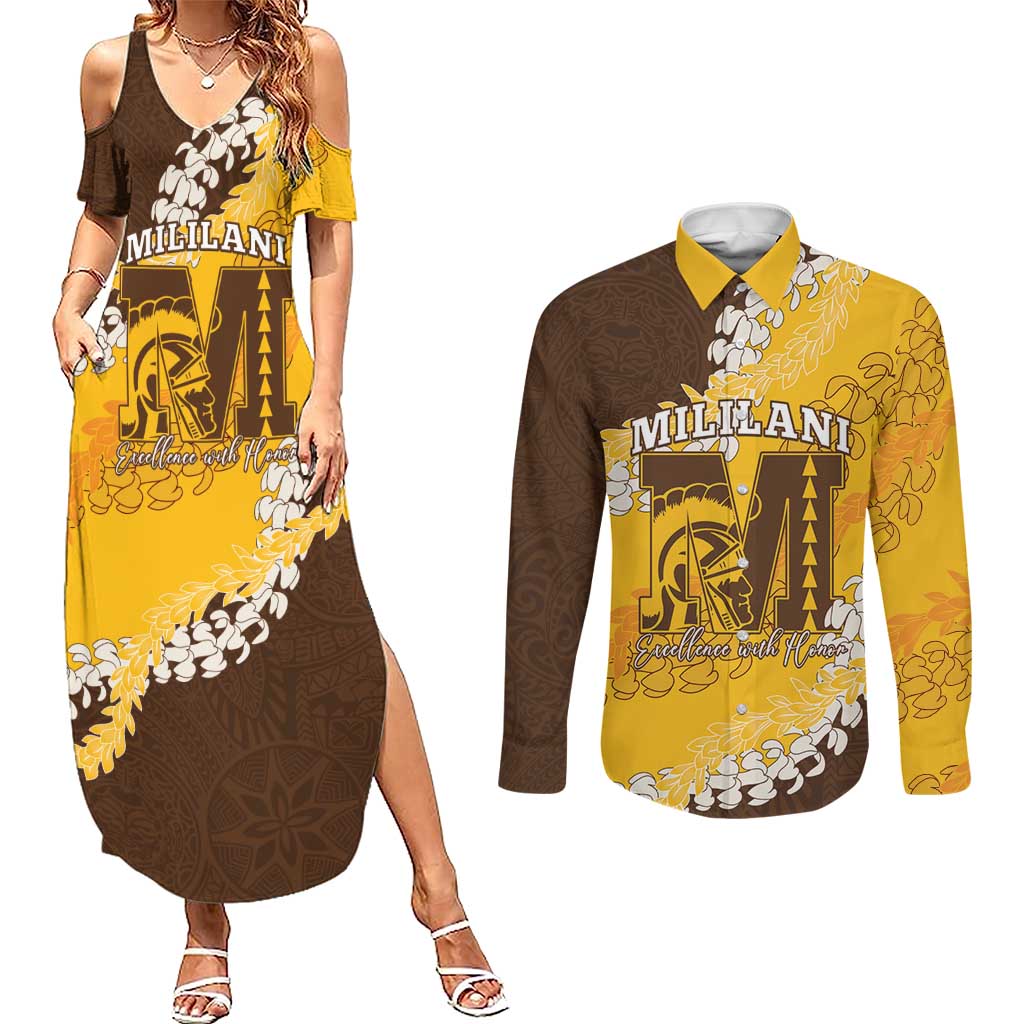Personalized Mililani Hawaii High School Couples Matching Summer Maxi Dress and Long Sleeve Button Shirt Puakenikeni Lei Hawaiian Pattern - Polynesian Pride