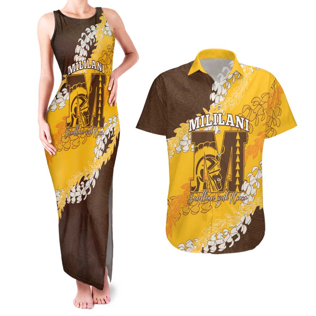 Personalized Mililani Hawaii High School Couples Matching Tank Maxi Dress and Hawaiian Shirt Puakenikeni Lei Hawaiian Pattern LT14 Yellow - Polynesian Pride