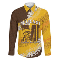 Personalized Mililani Hawaii High School Family Matching Puletasi and Hawaiian Shirt Puakenikeni Lei Hawaiian Pattern LT14 Dad's Shirt - Long Sleeve Yellow - Polynesian Pride