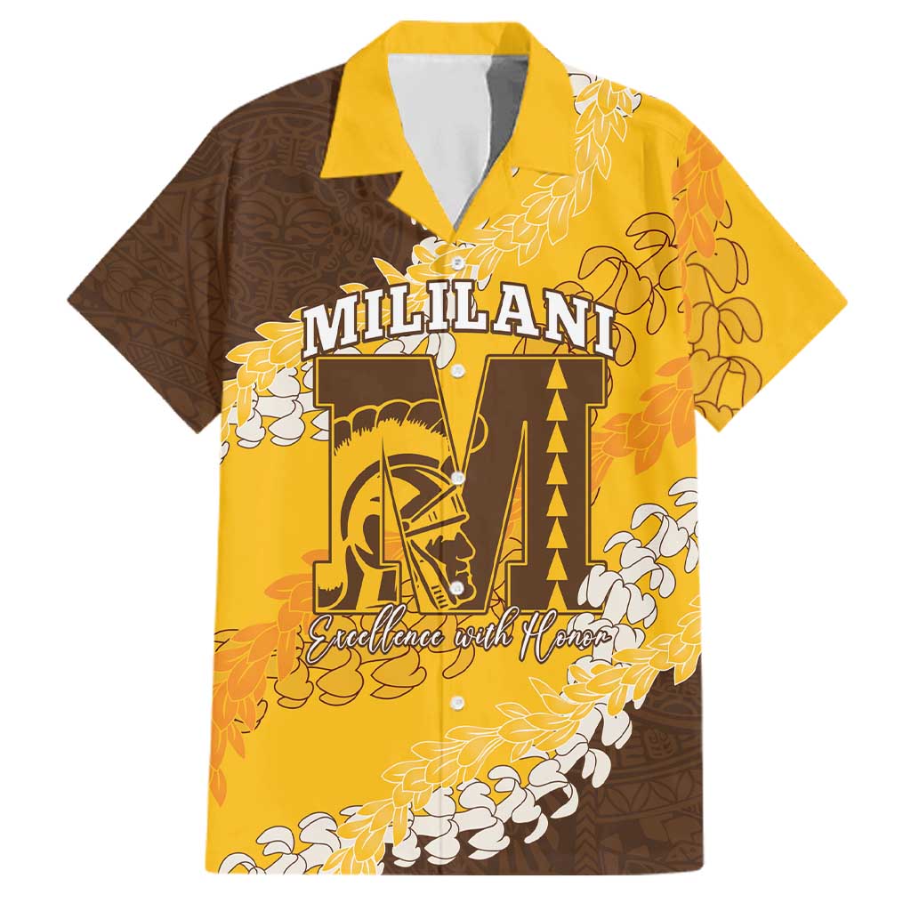 Personalized Mililani Hawaii High School Family Matching Short Sleeve Bodycon Dress and Hawaiian Shirt Puakenikeni Lei Hawaiian Pattern LT14 Dad's Shirt - Short Sleeve Yellow - Polynesian Pride