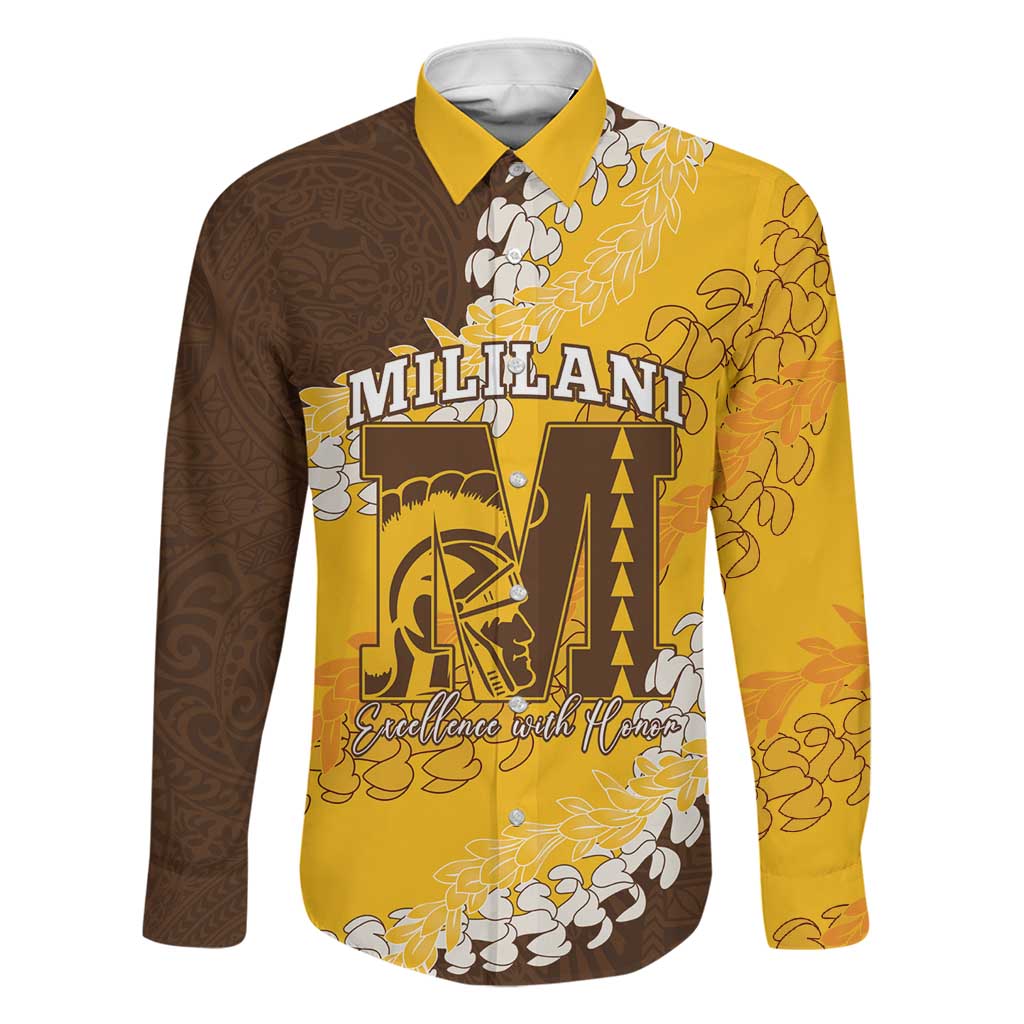 Personalized Mililani Hawaii High School Family Matching Short Sleeve Bodycon Dress and Hawaiian Shirt Puakenikeni Lei Hawaiian Pattern LT14 Dad's Shirt - Long Sleeve Yellow - Polynesian Pride