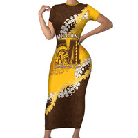 Personalized Mililani Hawaii High School Family Matching Short Sleeve Bodycon Dress and Hawaiian Shirt Puakenikeni Lei Hawaiian Pattern LT14 Mom's Dress Yellow - Polynesian Pride