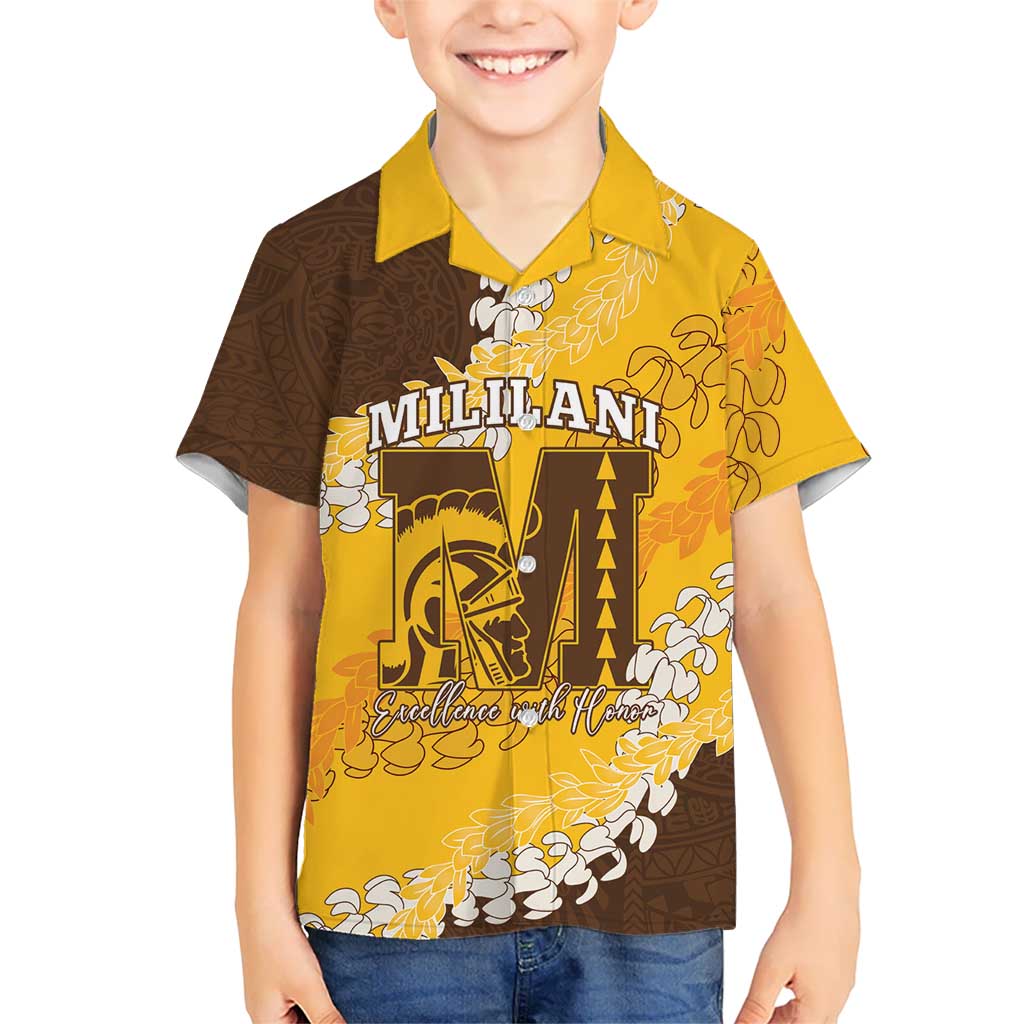 Personalized Mililani Hawaii High School Family Matching Short Sleeve Bodycon Dress and Hawaiian Shirt Puakenikeni Lei Hawaiian Pattern LT14 Son's Shirt Yellow - Polynesian Pride