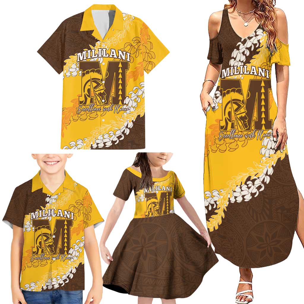 Personalized Mililani Hawaii High School Family Matching Summer Maxi Dress and Hawaiian Shirt Puakenikeni Lei Hawaiian Pattern - Polynesian Pride