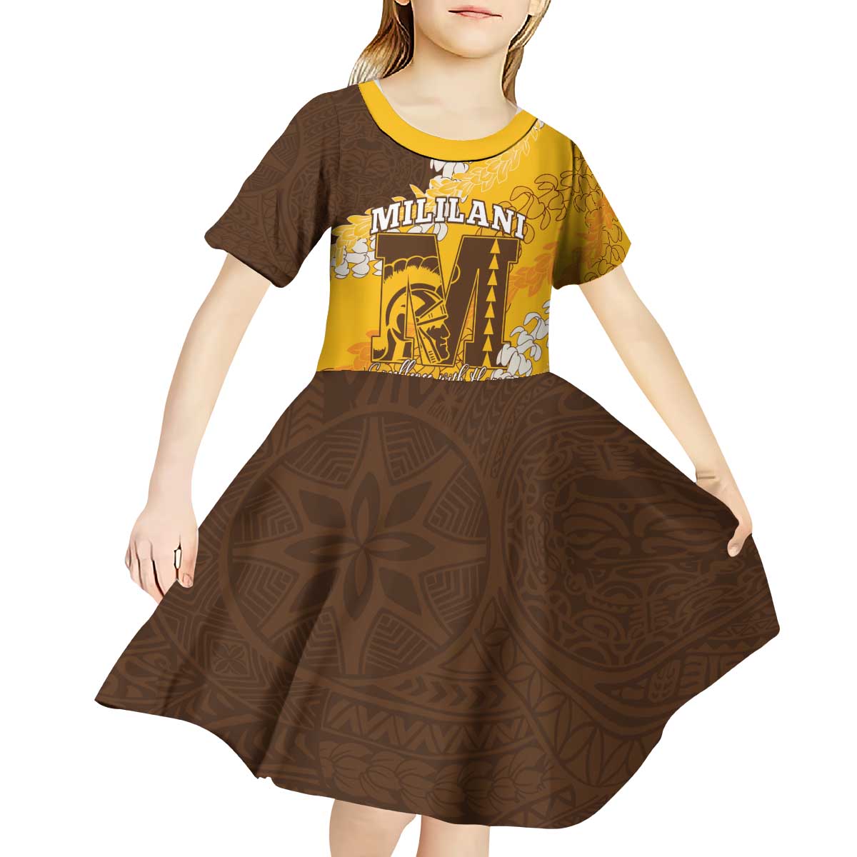 Personalized Mililani Hawaii High School Kid Short Sleeve Dress Puakenikeni Lei Hawaiian Pattern - Polynesian Pride