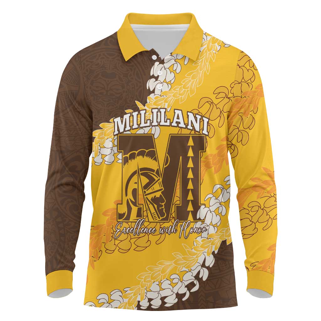 Personalized Mililani Hawaii High School Long Sleeve Polo Shirt Puakenikeni Lei Hawaiian Pattern - Polynesian Pride