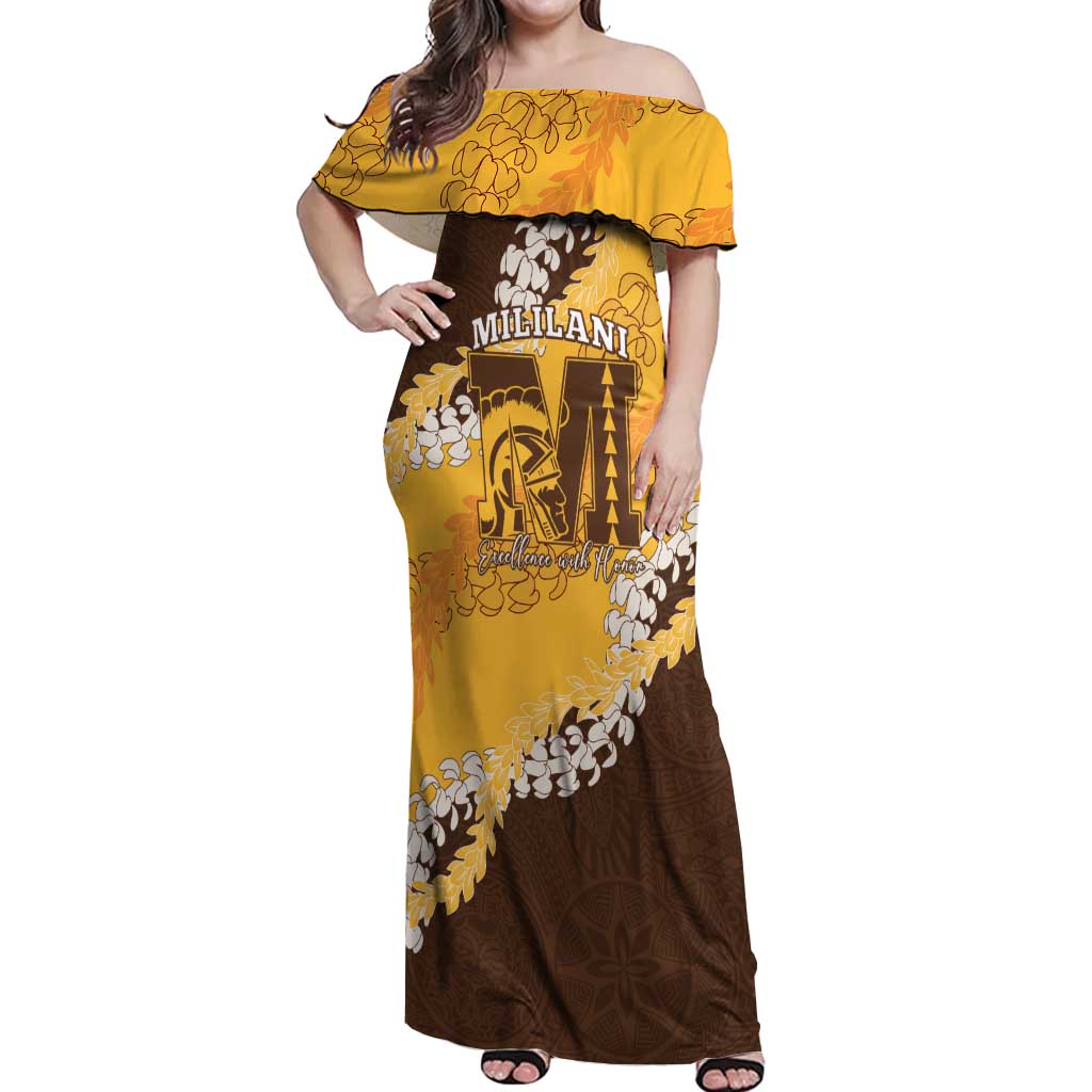 Personalized Mililani Hawaii High School Off Shoulder Maxi Dress Puakenikeni Lei Hawaiian Pattern - Polynesian Pride
