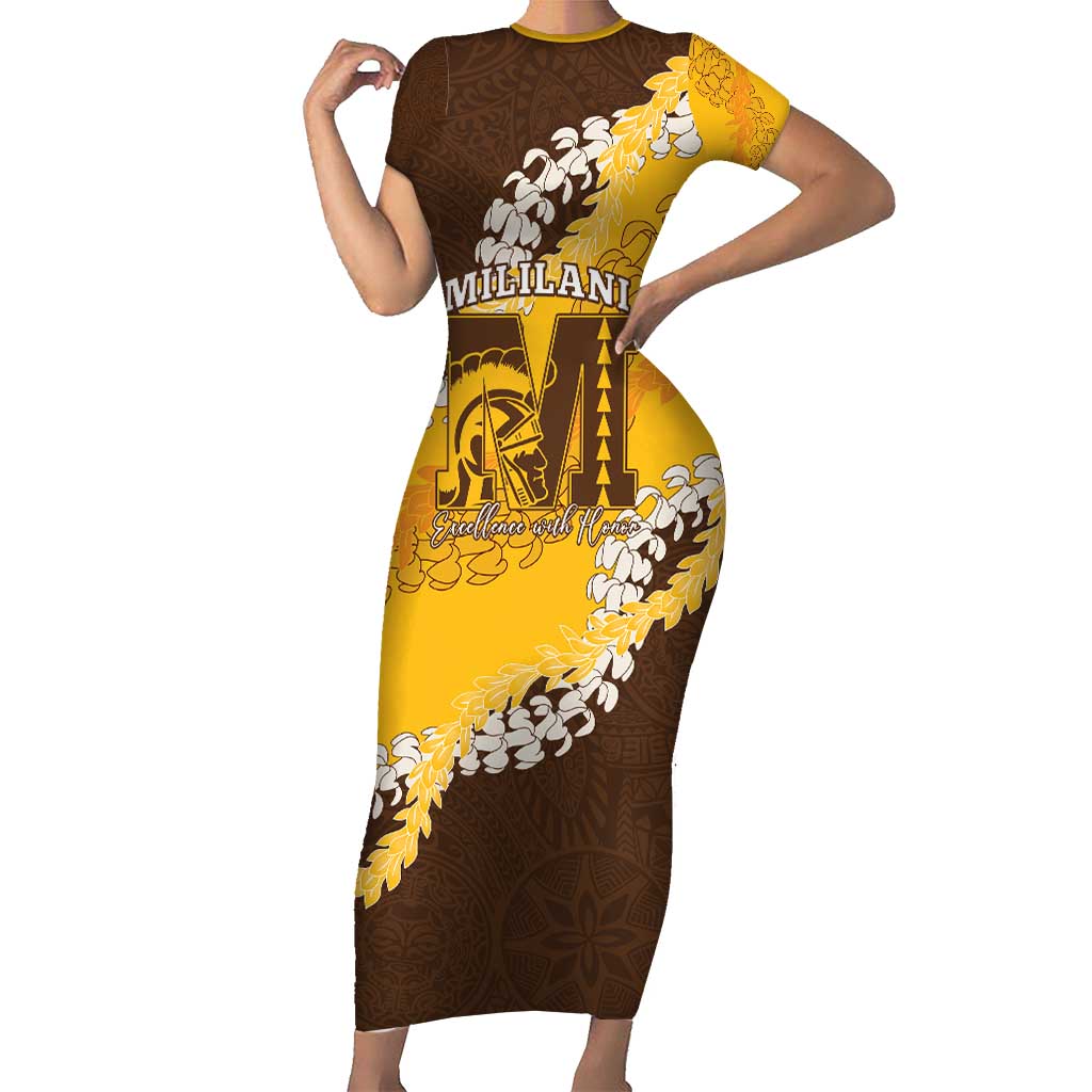 Personalized Mililani Hawaii High School Short Sleeve Bodycon Dress Puakenikeni Lei Hawaiian Pattern - Polynesian Pride
