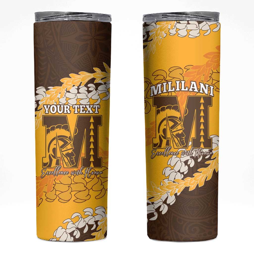 Personalized Mililani Hawaii High School Skinny Tumbler Puakenikeni Lei Hawaiian Pattern LT14 Yellow - Polynesian Pride