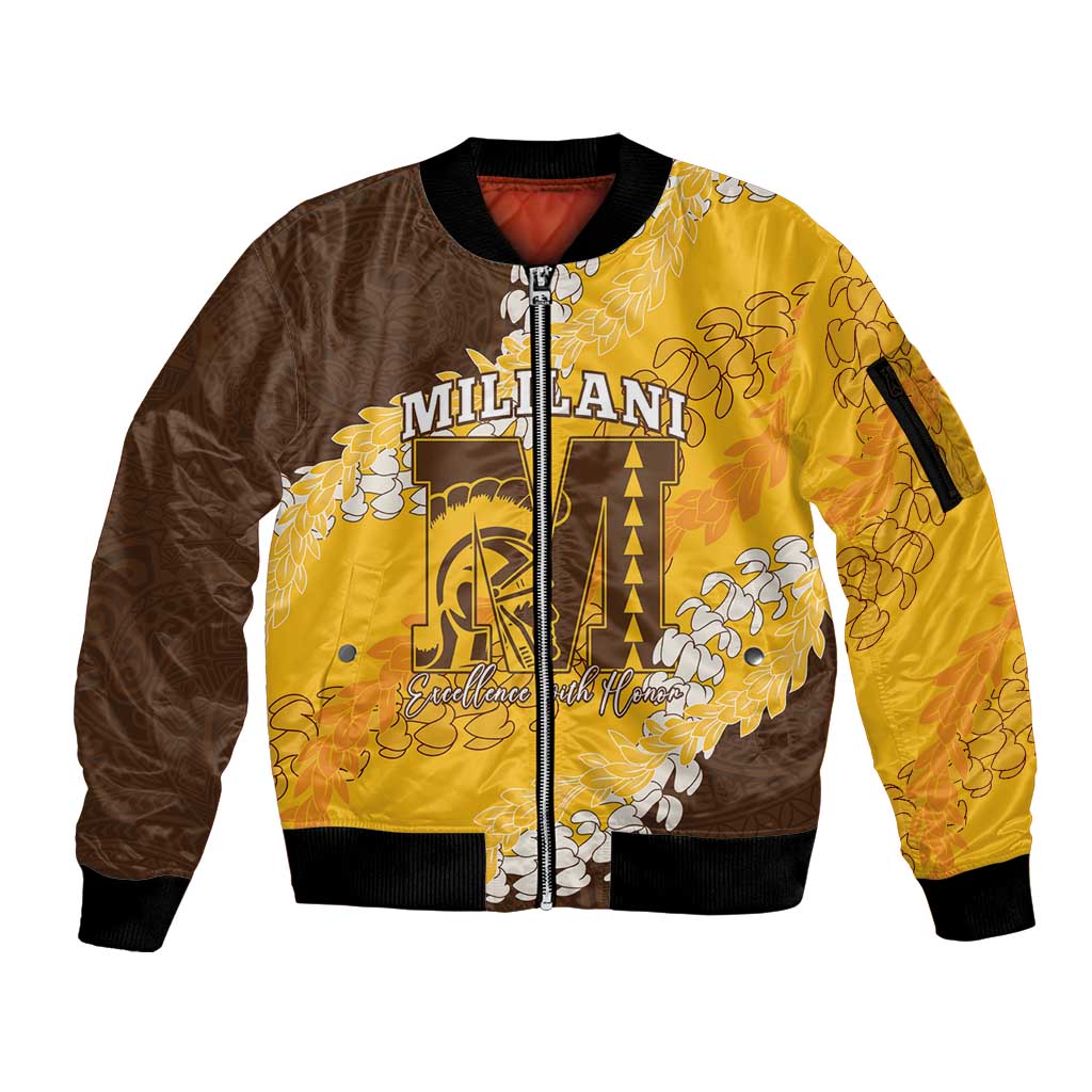 Personalized Mililani Hawaii High School Sleeve Zip Bomber Jacket Puakenikeni Lei Hawaiian Pattern LT14 Unisex Yellow - Polynesian Pride