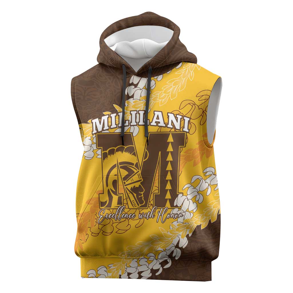 Personalized Mililani Hawaii High School Sleeveless Hoodie Puakenikeni Lei Hawaiian Pattern LT14 Yellow - Polynesian Pride
