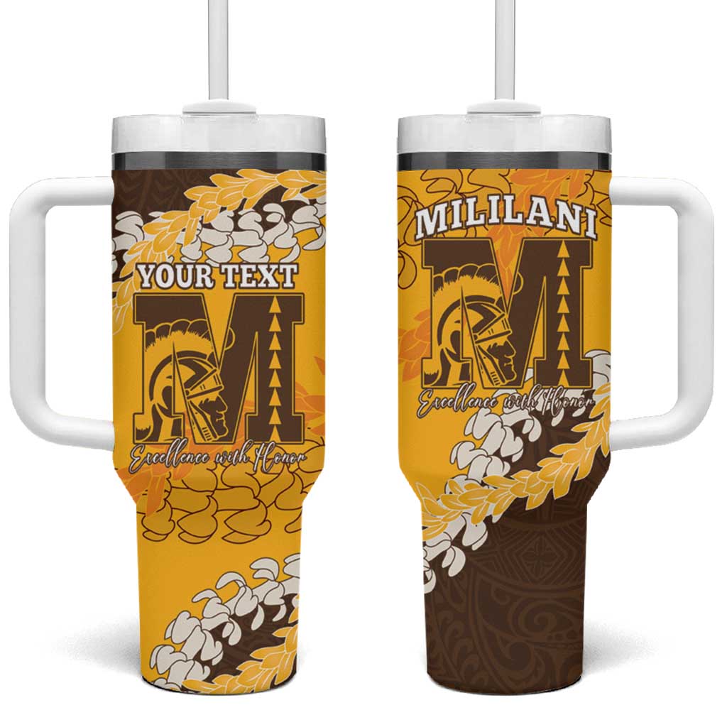 Personalized Mililani Hawaii High School Tumbler With Handle Puakenikeni Lei Hawaiian Pattern LT14 One Size: 40 oz Yellow - Polynesian Pride