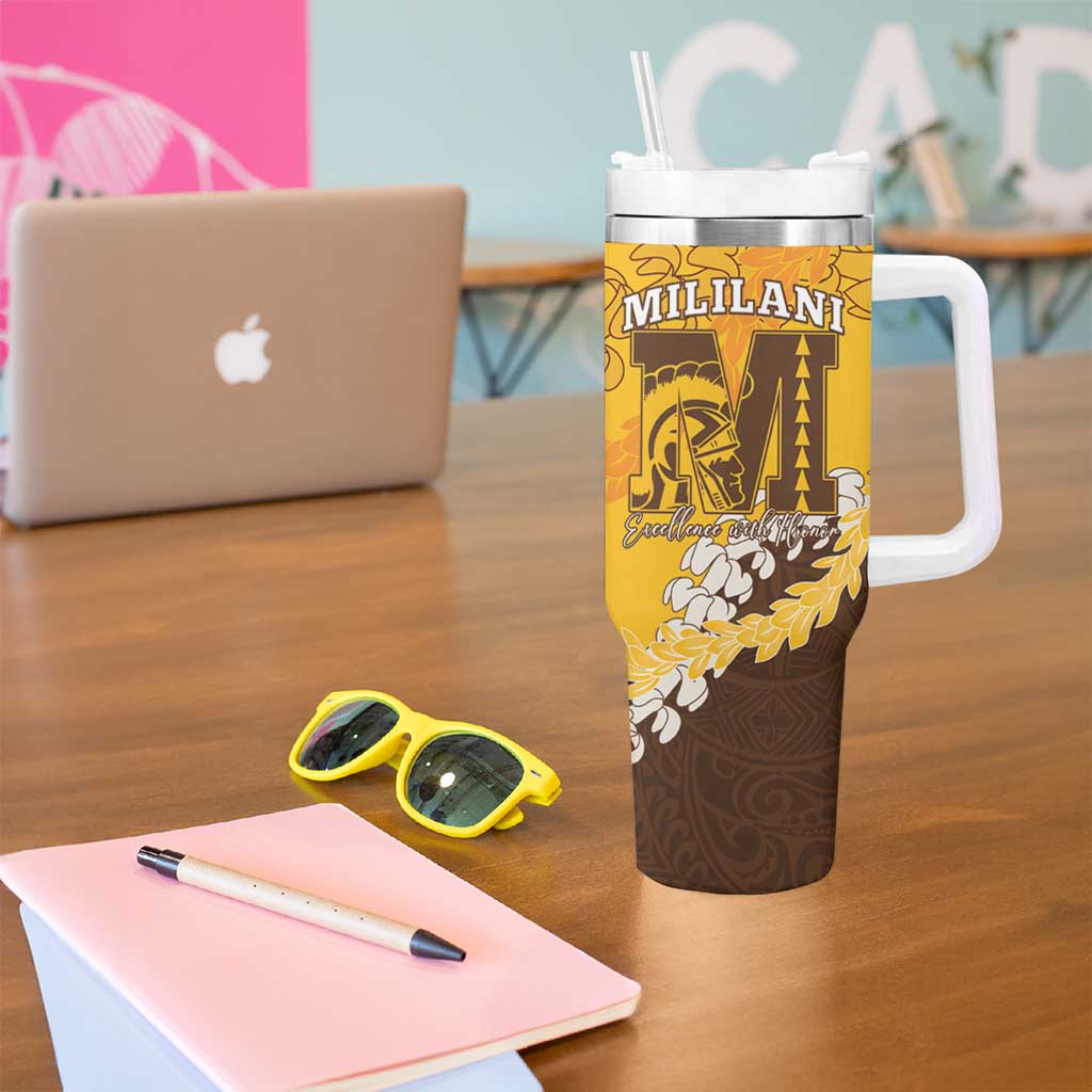 Personalized Mililani Hawaii High School Tumbler With Handle Puakenikeni Lei Hawaiian Pattern LT14 - Polynesian Pride