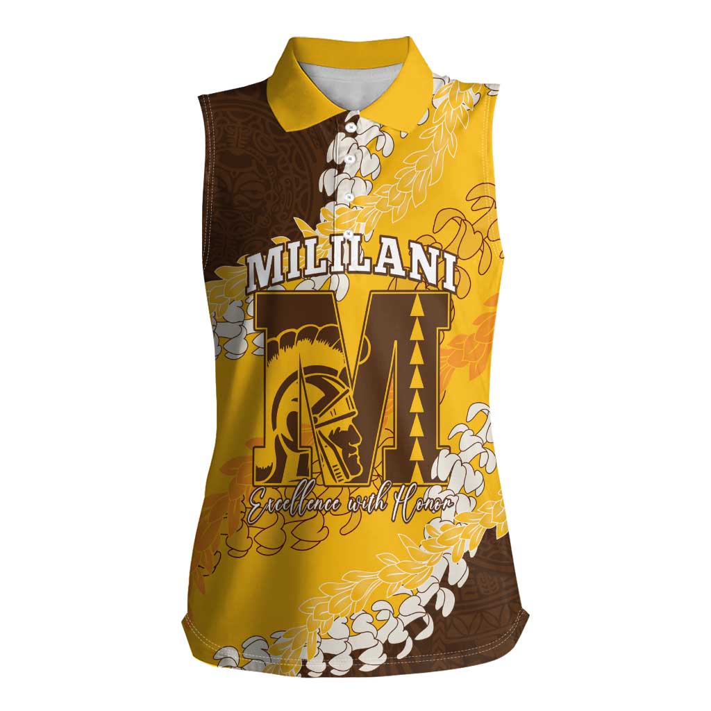 Personalized Mililani Hawaii High School Women Sleeveless Polo Shirt Puakenikeni Lei Hawaiian Pattern - Polynesian Pride