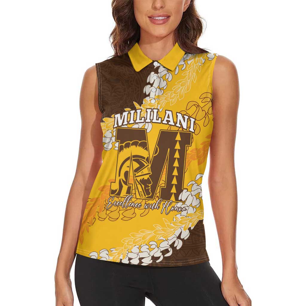 Personalized Mililani Hawaii High School Women Sleeveless Polo Shirt Puakenikeni Lei Hawaiian Pattern - Polynesian Pride