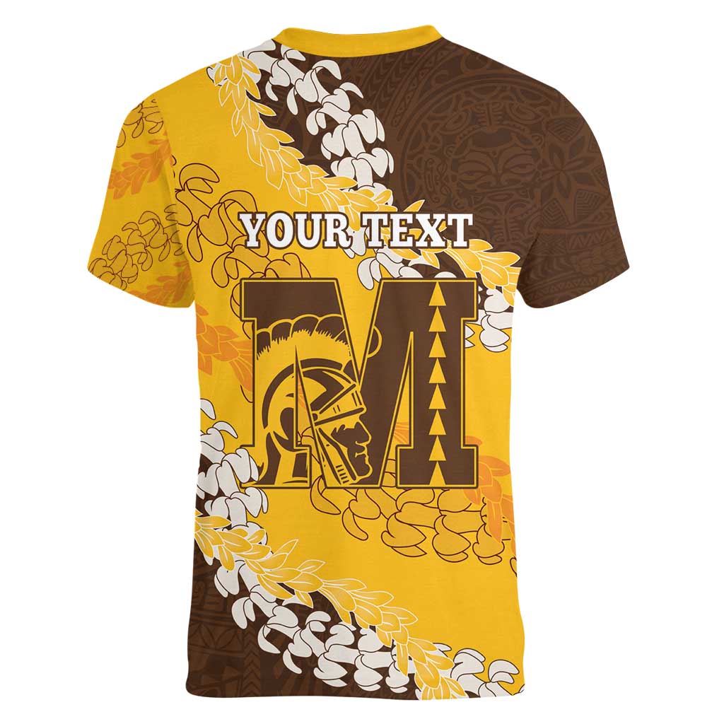 Personalized Mililani Hawaii High School Women V-Neck T-Shirt Puakenikeni Lei Hawaiian Pattern - Polynesian Pride