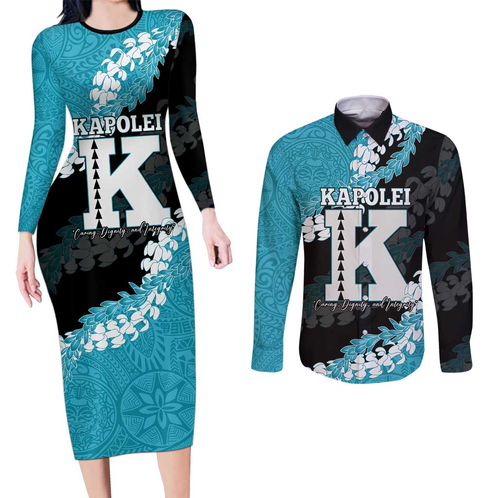 Personalized Kapolei Hawaii High School Couples Matching Long Sleeve Bodycon Dress and Long Sleeve Button Shirt Puakenikeni Lei Hawaiian Pattern LT14 Teal - Polynesian Pride