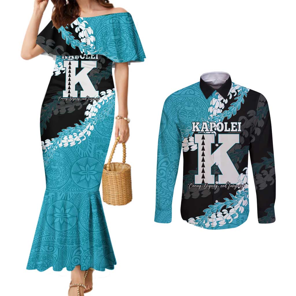 Personalized Kapolei Hawaii High School Couples Matching Mermaid Dress and Long Sleeve Button Shirt Puakenikeni Lei Hawaiian Pattern LT14 Teal - Polynesian Pride