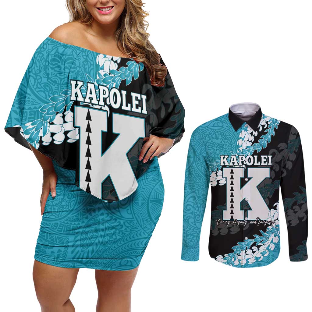 Personalized Kapolei Hawaii High School Couples Matching Off Shoulder Short Dress and Long Sleeve Button Shirt Puakenikeni Lei Hawaiian Pattern LT14 Teal - Polynesian Pride