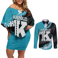 Personalized Kapolei Hawaii High School Couples Matching Off Shoulder Short Dress and Long Sleeve Button Shirt Puakenikeni Lei Hawaiian Pattern LT14 Teal - Polynesian Pride