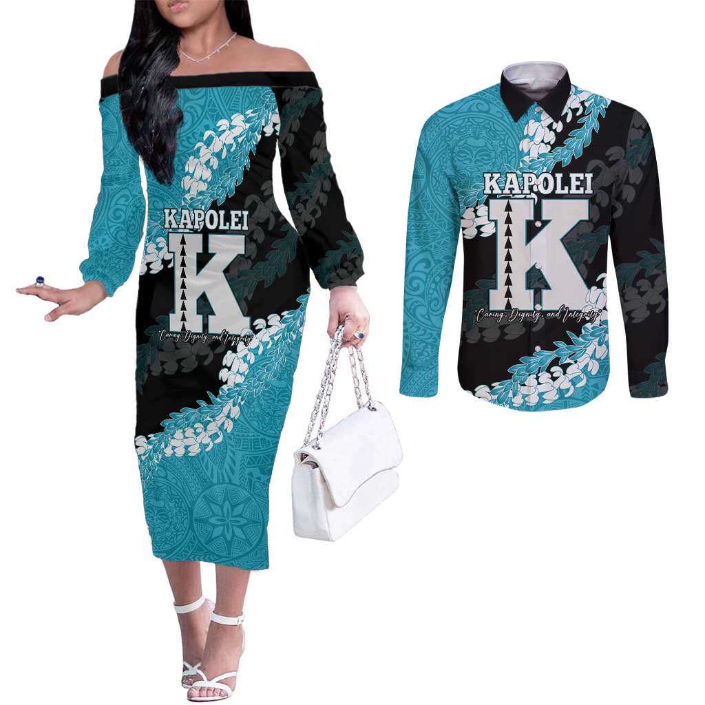 Personalized Kapolei Hawaii High School Couples Matching Off The Shoulder Long Sleeve Dress and Long Sleeve Button Shirt Puakenikeni Lei Hawaiian Pattern LT14 Teal - Polynesian Pride