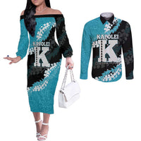 Personalized Kapolei Hawaii High School Couples Matching Off The Shoulder Long Sleeve Dress and Long Sleeve Button Shirt Puakenikeni Lei Hawaiian Pattern LT14 Teal - Polynesian Pride