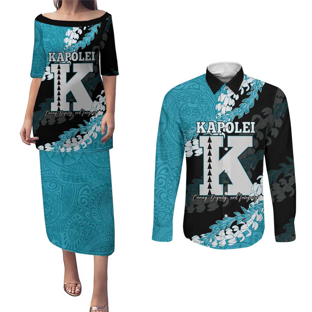 Personalized Kapolei Hawaii High School Couples Matching Puletasi and Long Sleeve Button Shirt Puakenikeni Lei Hawaiian Pattern - Polynesian Pride