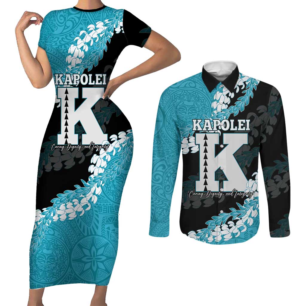 Personalized Kapolei Hawaii High School Couples Matching Short Sleeve Bodycon Dress and Long Sleeve Button Shirt Puakenikeni Lei Hawaiian Pattern LT14 Teal - Polynesian Pride