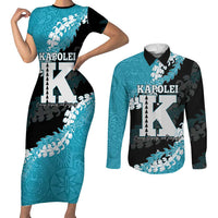 Personalized Kapolei Hawaii High School Couples Matching Short Sleeve Bodycon Dress and Long Sleeve Button Shirt Puakenikeni Lei Hawaiian Pattern LT14 Teal - Polynesian Pride