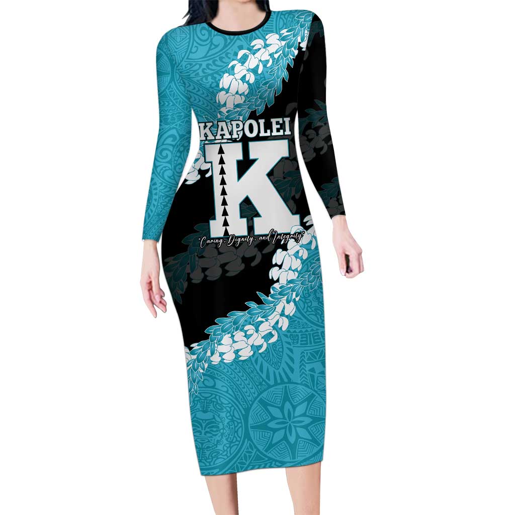 Personalized Kapolei Hawaii High School Family Matching Long Sleeve Bodycon Dress and Hawaiian Shirt Puakenikeni Lei Hawaiian Pattern LT14 Mom's Dress Teal - Polynesian Pride