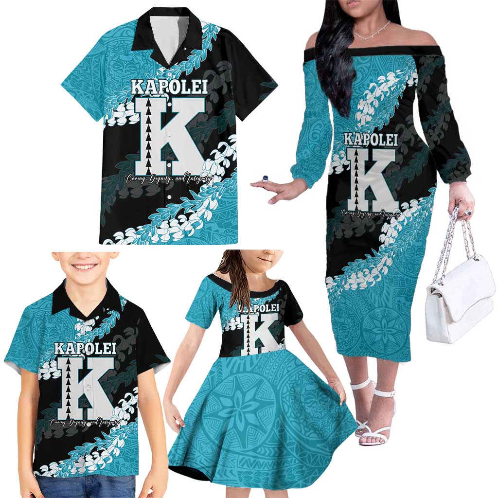 Personalized Kapolei Hawaii High School Family Matching Off The Shoulder Long Sleeve Dress and Hawaiian Shirt Puakenikeni Lei Hawaiian Pattern LT14 - Polynesian Pride