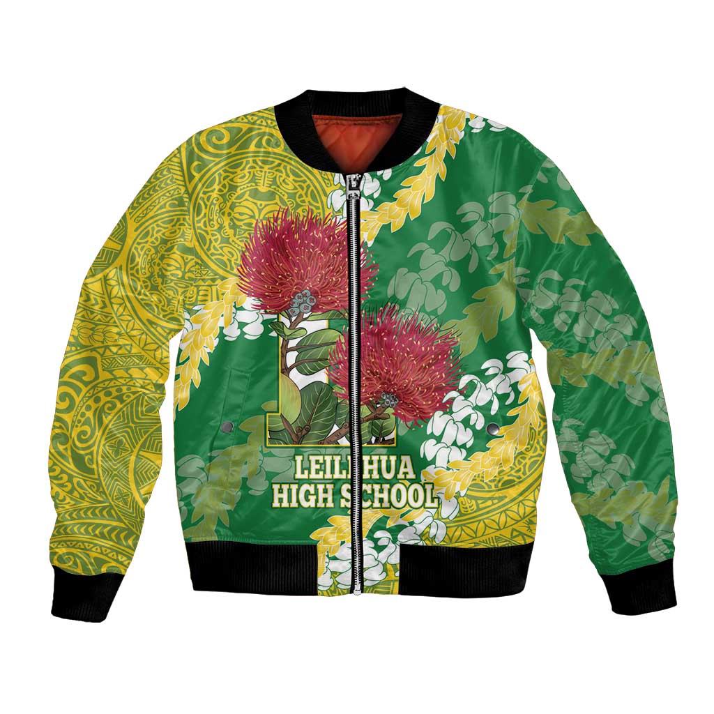 Personalized Leilehua Hawaii High School Bomber Jacket Puakenikeni Lei Hawaiian Pattern LT14 Unisex Green - Polynesian Pride