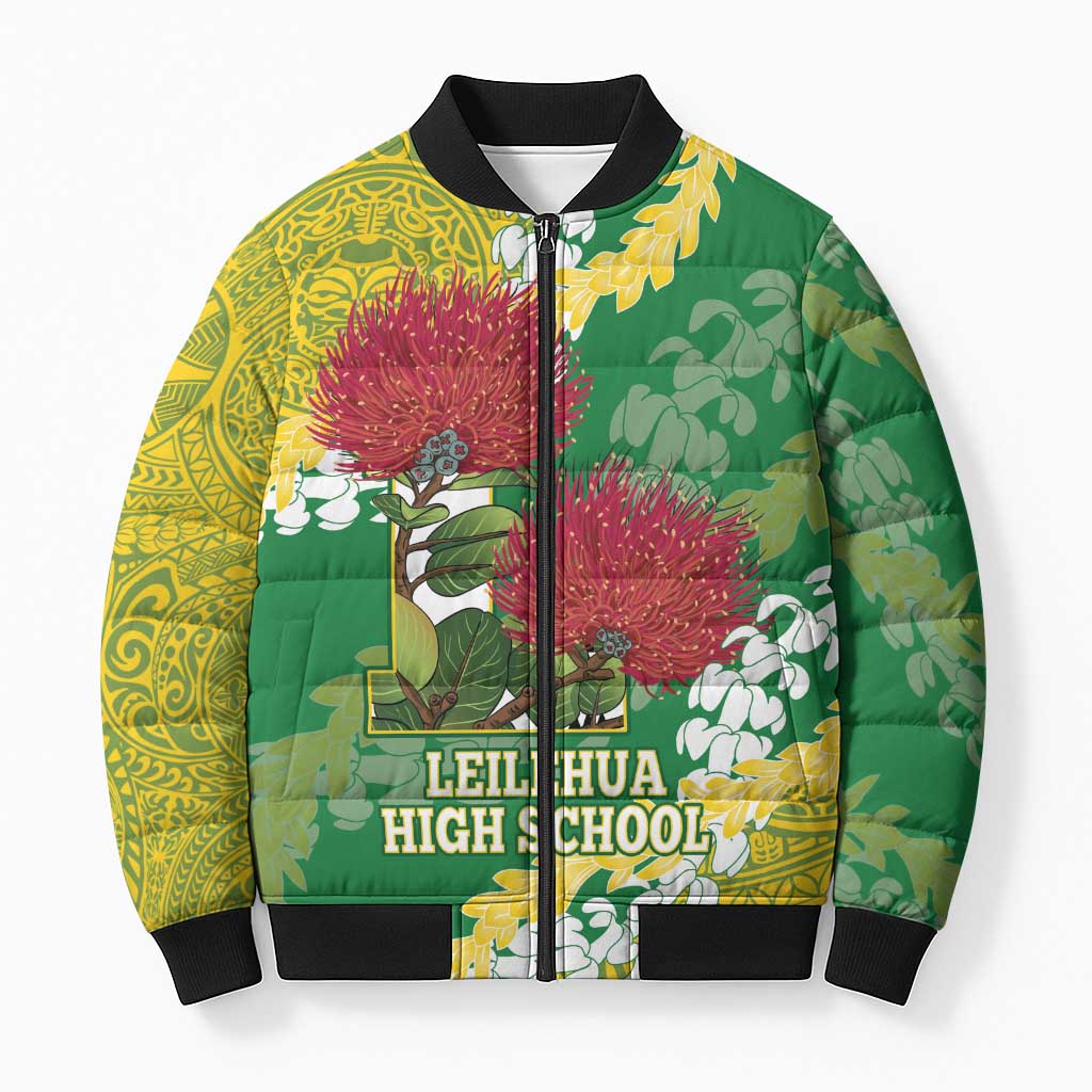 Personalized Leilehua Hawaii High School Bomber Puffer Jacket Puakenikeni Lei Hawaiian Pattern LT14 Unisex Green - Polynesian Pride