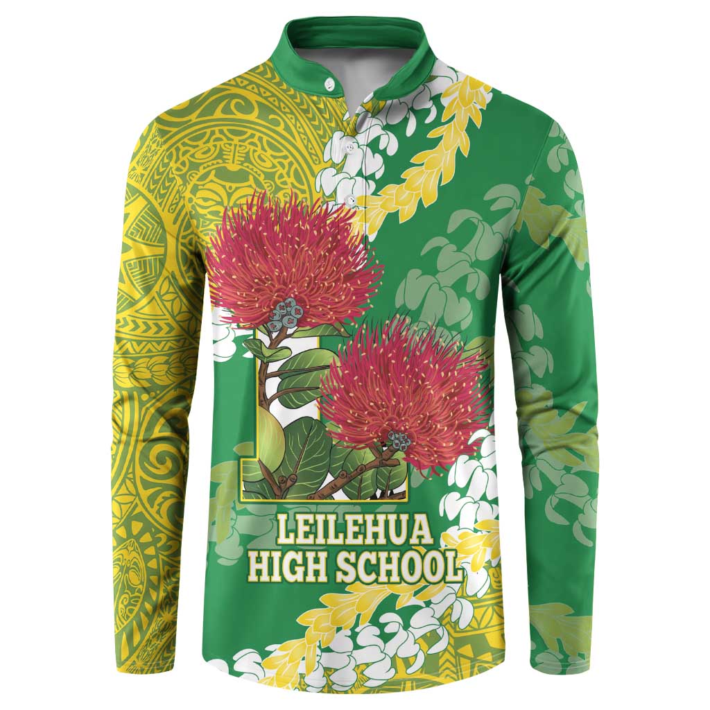 Personalized Leilehua Hawaii High School Button Sweatshirt Puakenikeni Lei Hawaiian Pattern LT14 Green - Polynesian Pride