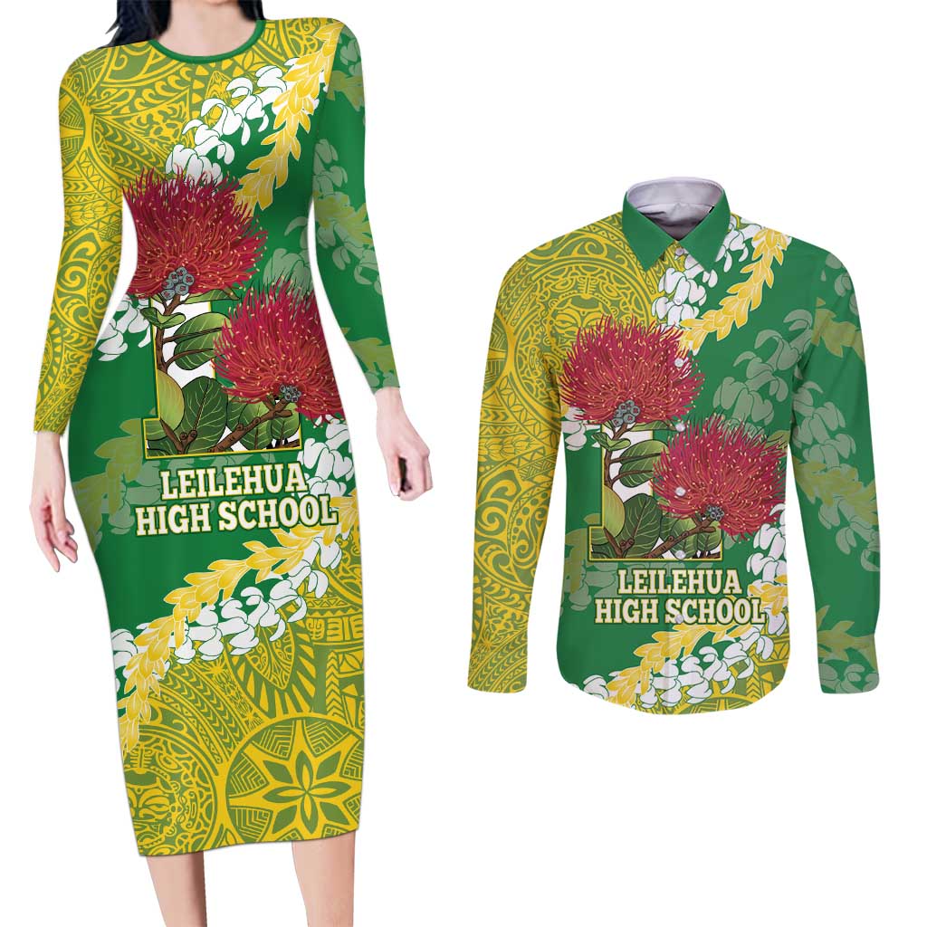 Personalized Leilehua Hawaii High School Couples Matching Long Sleeve Bodycon Dress and Long Sleeve Button Shirt Puakenikeni Lei Hawaiian Pattern LT14 Green - Polynesian Pride