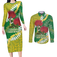Personalized Leilehua Hawaii High School Couples Matching Long Sleeve Bodycon Dress and Long Sleeve Button Shirt Puakenikeni Lei Hawaiian Pattern LT14 Green - Polynesian Pride