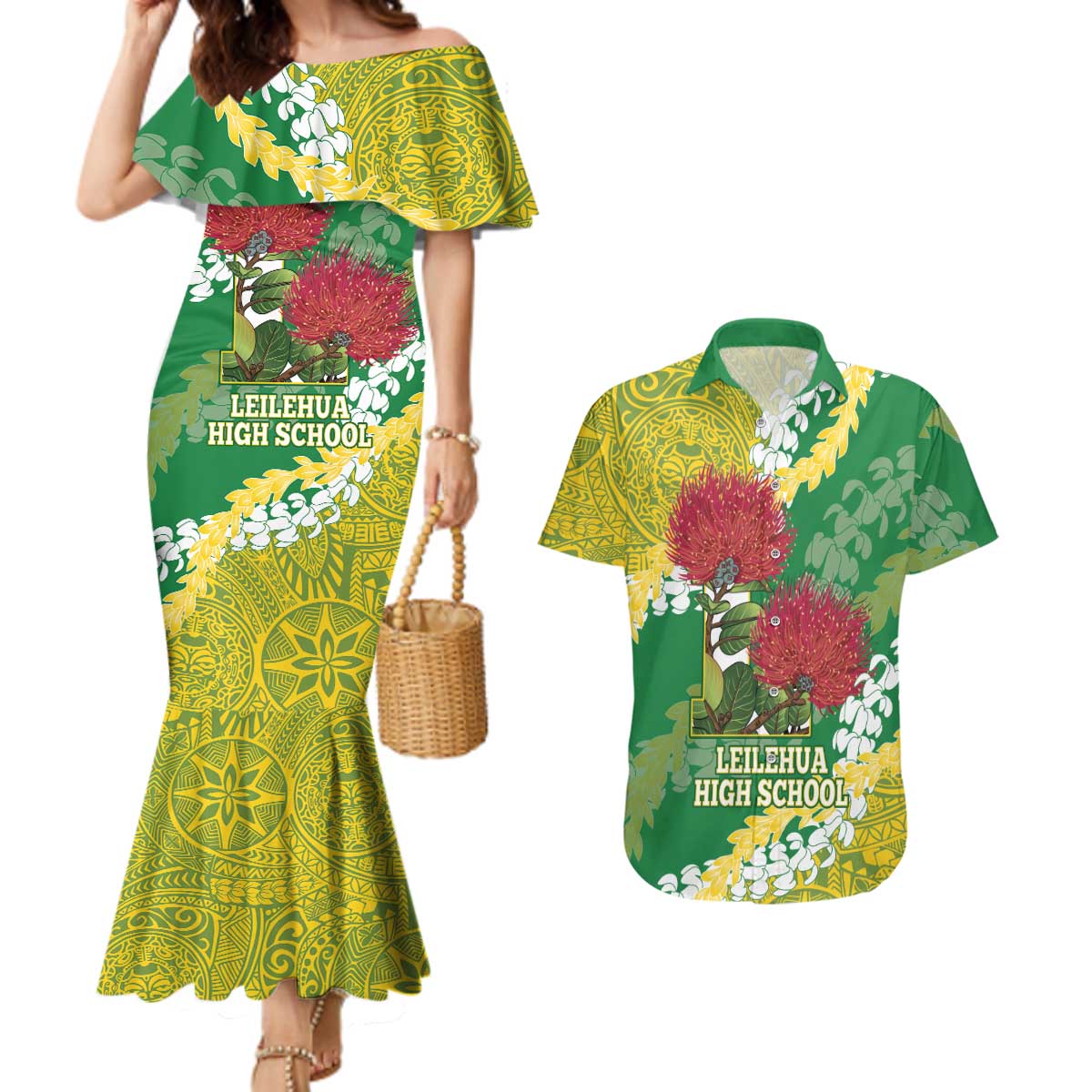 Personalized Leilehua Hawaii High School Couples Matching Mermaid Dress and Hawaiian Shirt Puakenikeni Lei Hawaiian Pattern LT14 Green - Polynesian Pride