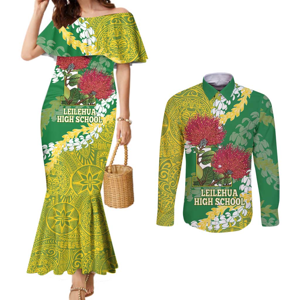 Personalized Leilehua Hawaii High School Couples Matching Mermaid Dress and Long Sleeve Button Shirt Puakenikeni Lei Hawaiian Pattern LT14 Green - Polynesian Pride
