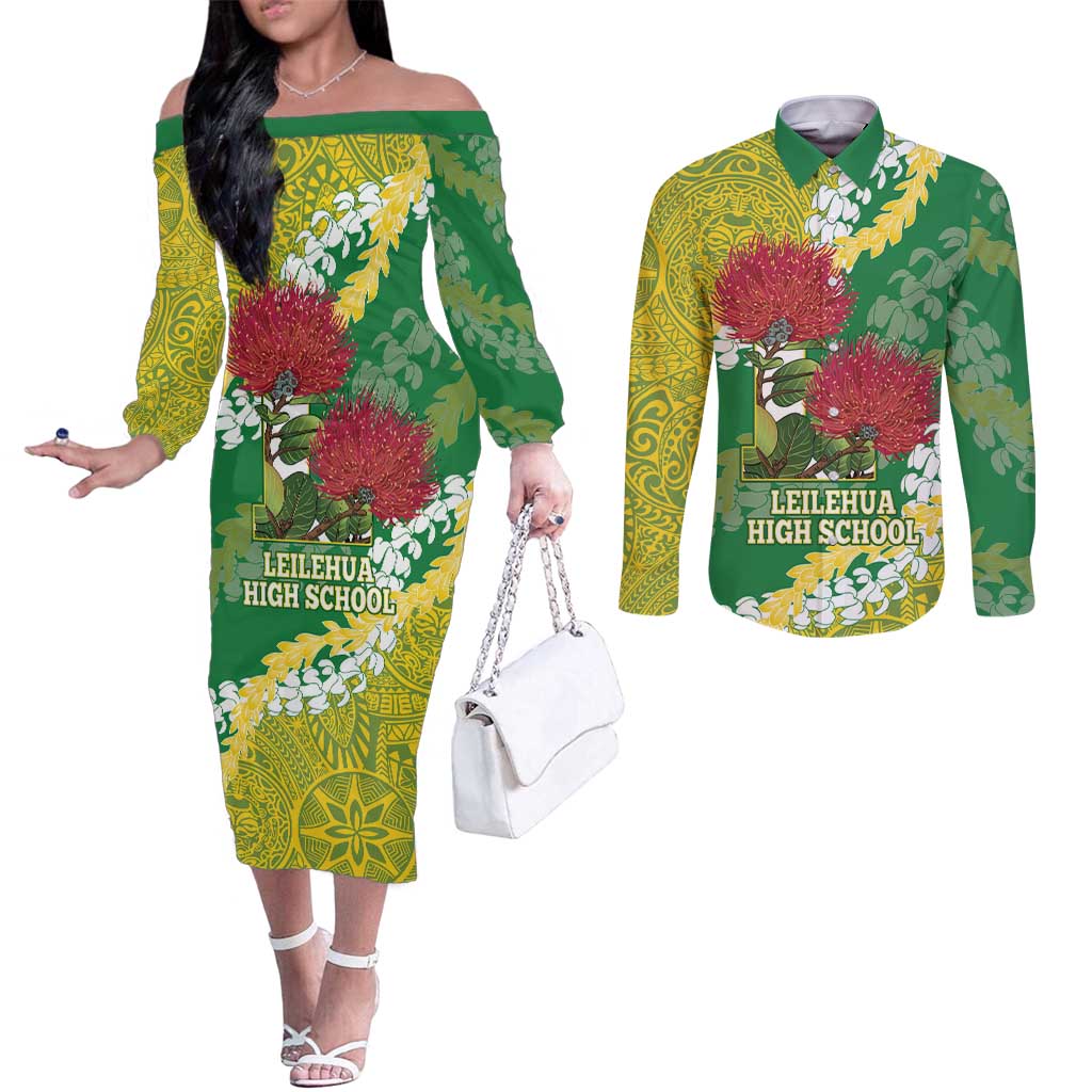 Personalized Leilehua Hawaii High School Couples Matching Off The Shoulder Long Sleeve Dress and Long Sleeve Button Shirt Puakenikeni Lei Hawaiian Pattern LT14 Green - Polynesian Pride