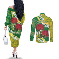 Personalized Leilehua Hawaii High School Couples Matching Off The Shoulder Long Sleeve Dress and Long Sleeve Button Shirt Puakenikeni Lei Hawaiian Pattern LT14 - Polynesian Pride