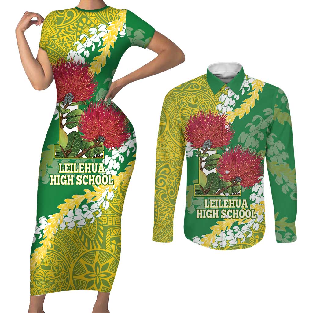 Personalized Leilehua Hawaii High School Couples Matching Short Sleeve Bodycon Dress and Long Sleeve Button Shirt Puakenikeni Lei Hawaiian Pattern - Polynesian Pride