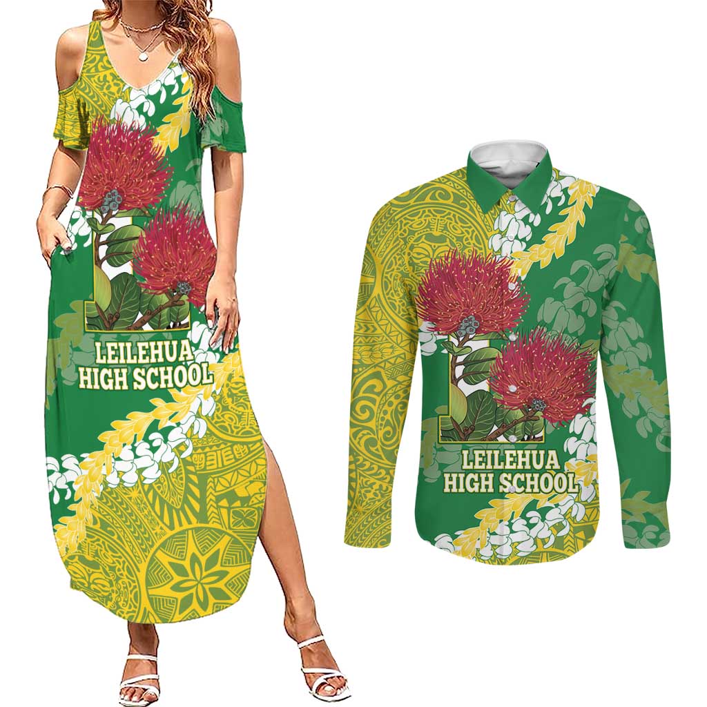 Personalized Leilehua Hawaii High School Couples Matching Summer Maxi Dress and Long Sleeve Button Shirt Puakenikeni Lei Hawaiian Pattern - Polynesian Pride