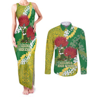 Personalized Leilehua Hawaii High School Couples Matching Tank Maxi Dress and Long Sleeve Button Shirt Puakenikeni Lei Hawaiian Pattern LT14 Green - Polynesian Pride
